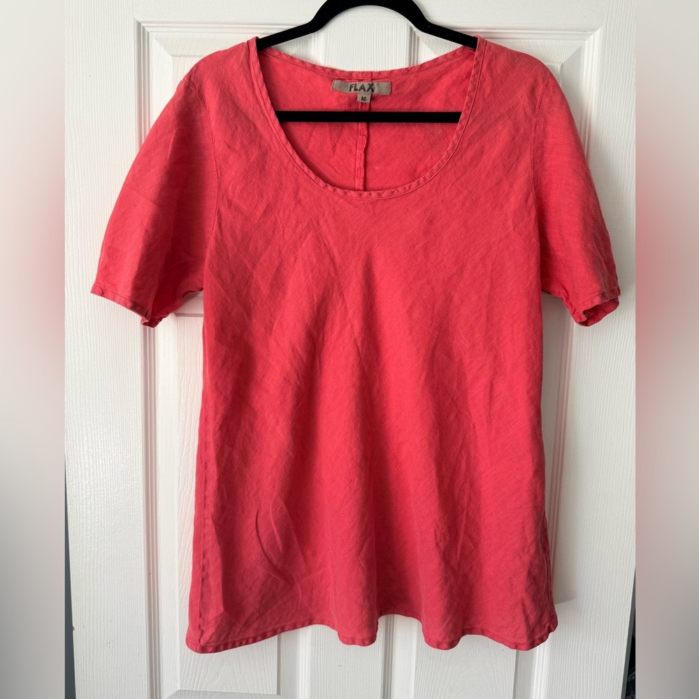 FLAX Women's Short Sleeve Top in Vibrant Coral 100% Linen